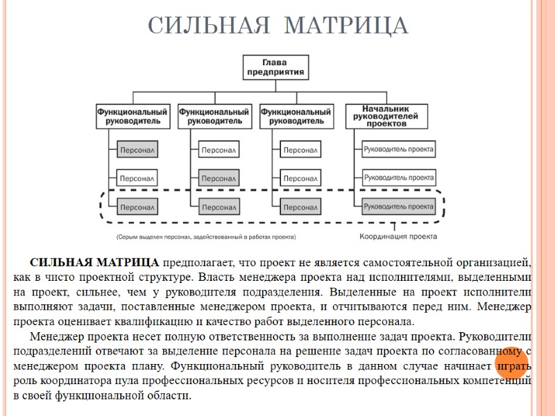 СИЛЬНАЯ  МАТРИЦА СИЛЬНАЯ МАТРИЦА предполагает, что проект не является самостоятельной организацией, как в